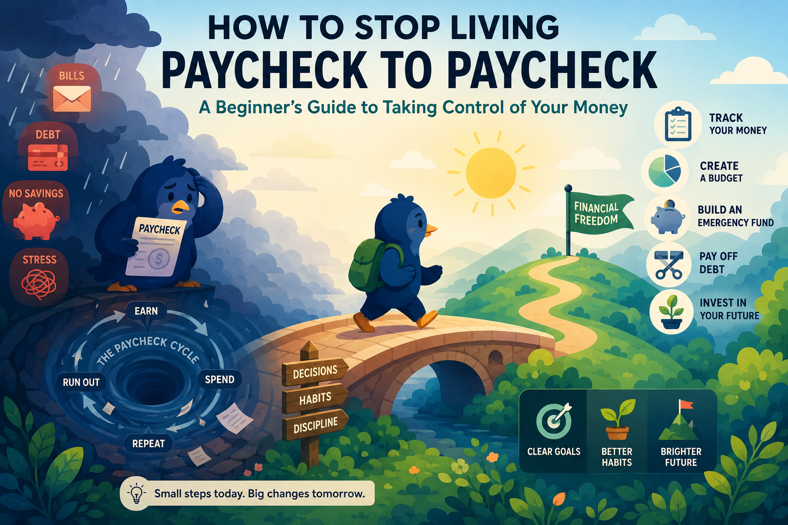 Illustration of a paycheck calendar, bills, savings jar, debt checklist and person taking control of their money